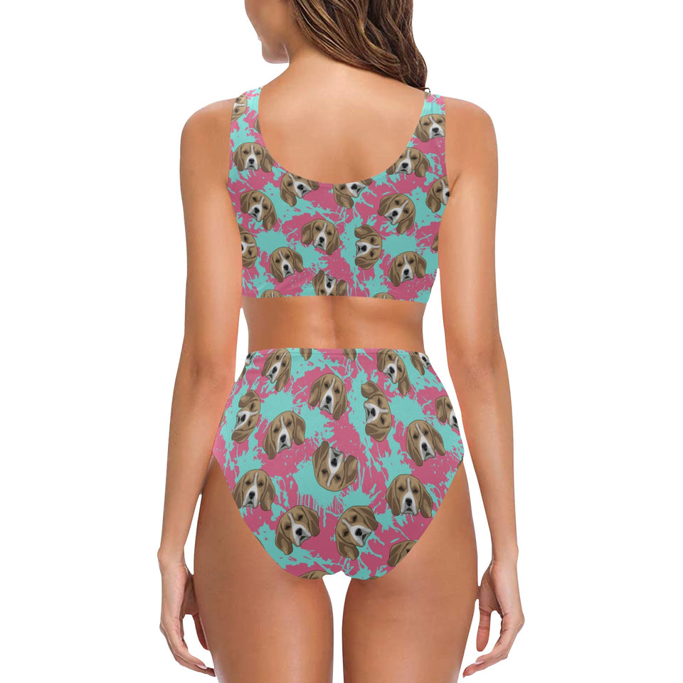 Beagle muzzles turquoise paint splashes pink patte Chest Bowknot High Waisted Bikini Swimsuit