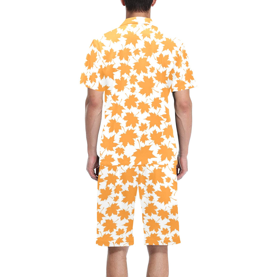Orange Maple Leaf pattern Men's V-Neck Short Pajama Set