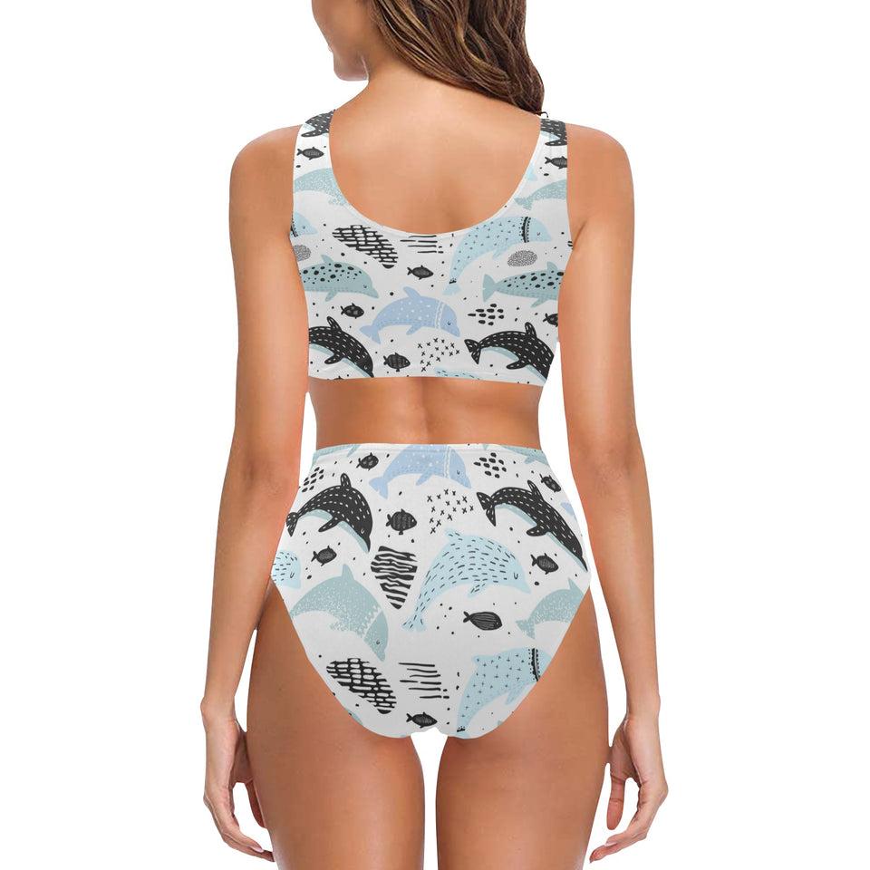 Cute dolphins Childish Style pattern Chest Bowknot High Waisted Bikini Swimsuit
