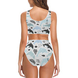 Cute dolphins Childish Style pattern Chest Bowknot High Waisted Bikini Swimsuit