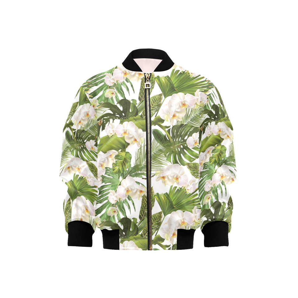White orchid flower tropical leaves pattern Kids' Boys' Girls' Bomber Jacket