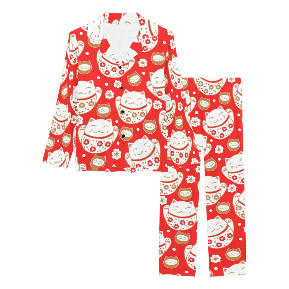 Cute Maneki neko cat red background Women's Long Pajama Set