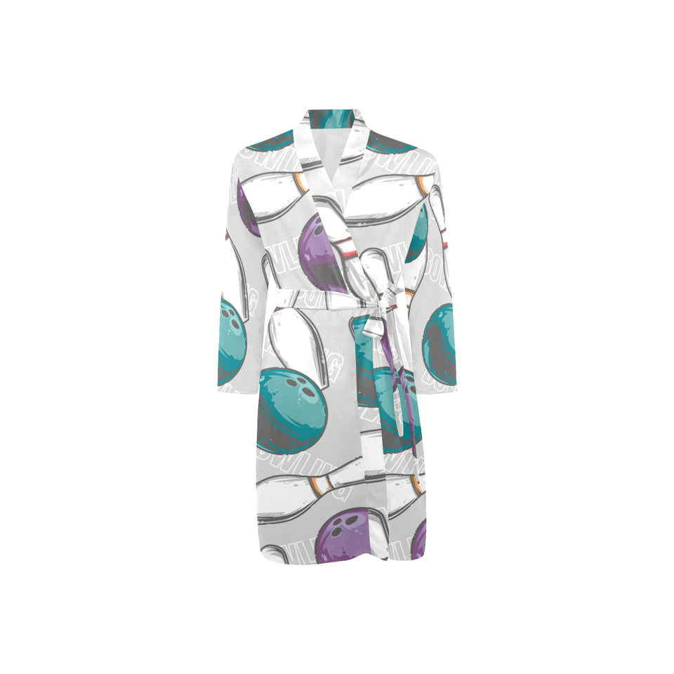 Bowling ball and pin gray background Men's Long Sleeve Belted Night Robe
