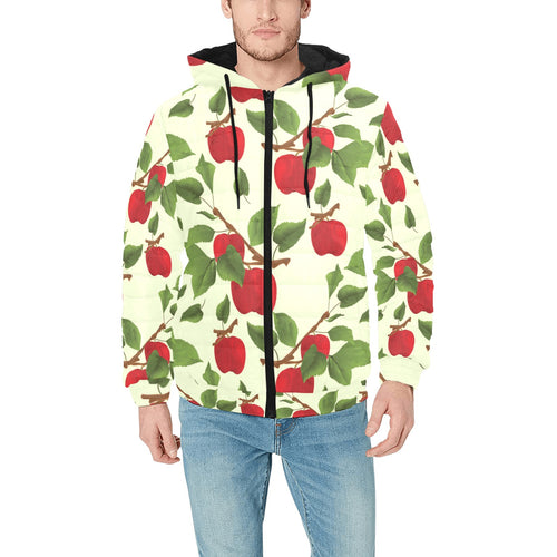 Red apples leaves pattern Men's Padded Hooded Jacket