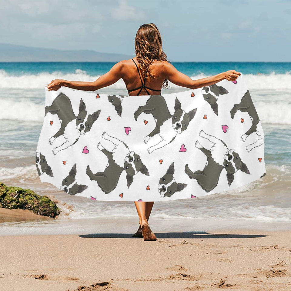 Boston terrier dog hearts vector pattern Beach Towel
