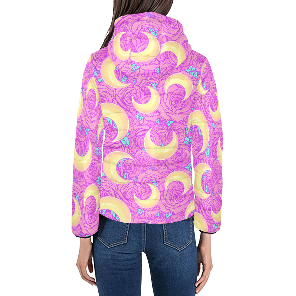 Moon pink rose background Women's Padded Hooded Jacket