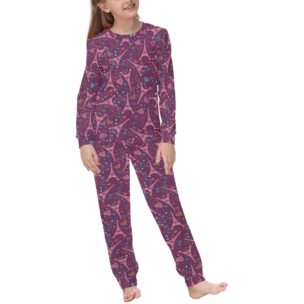 Eiffel Tower Heart Pattern Print Design 04 Kids' Boys' Girls' All Over Print Pajama Set