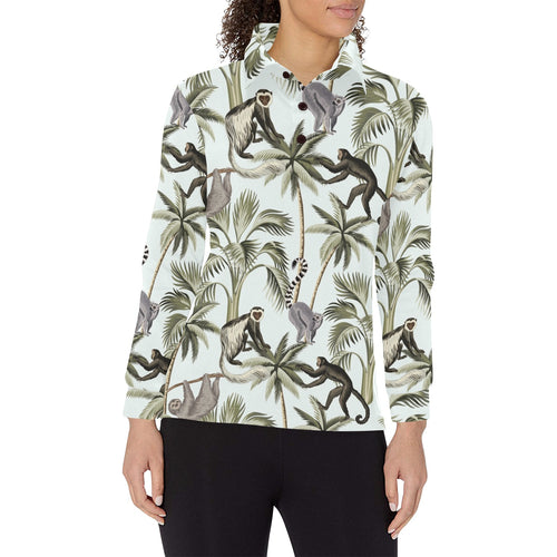 Monkey sloth lemur palm trees pattern Women's Long Sleeve Polo Shirt