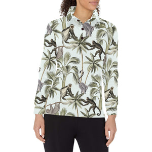 Monkey sloth lemur palm trees pattern Women's Long Sleeve Polo Shirt