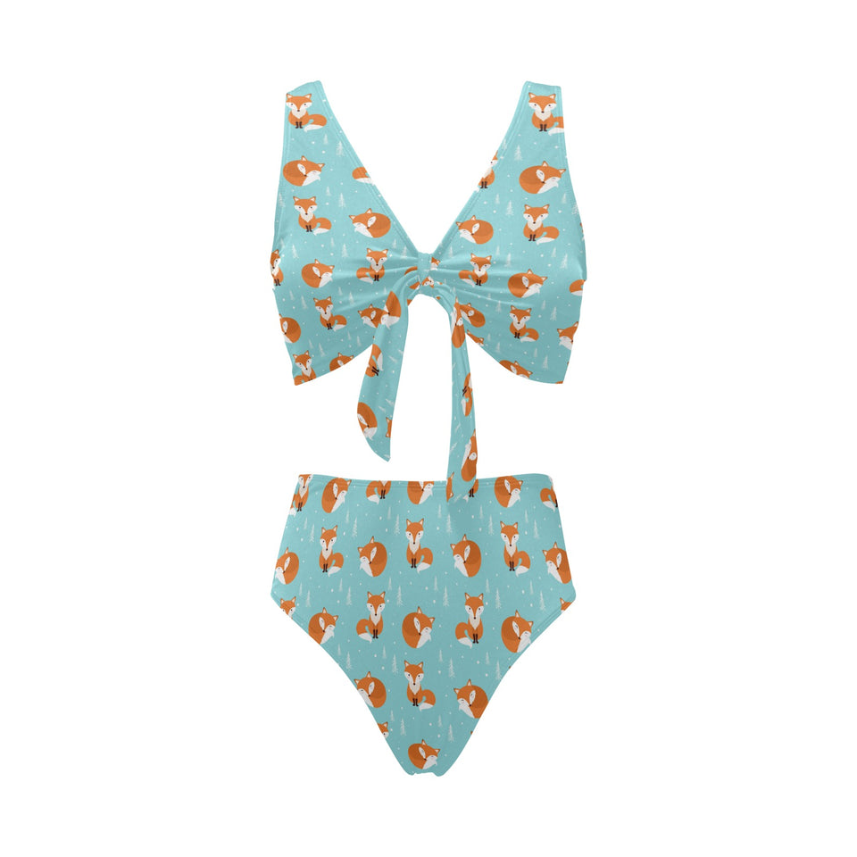 Fox pattern blue b ackground Chest Bowknot High Waisted Bikini Swimsuit