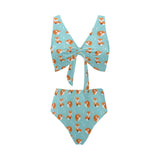 Fox pattern blue b ackground Chest Bowknot High Waisted Bikini Swimsuit