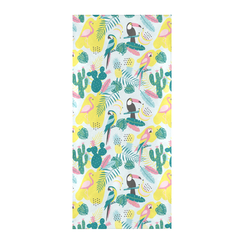 Cute parrot toucan flamingo cactus exotic leaves p Beach Towel