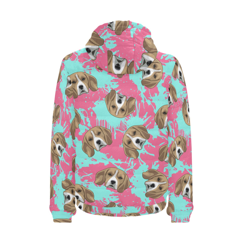 Beagle muzzles turquoise paint splashes pink patte Men's Padded Hooded Jacket