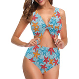 Blue red orange starfish pattern Chest Bowknot High Waisted Bikini Swimsuit