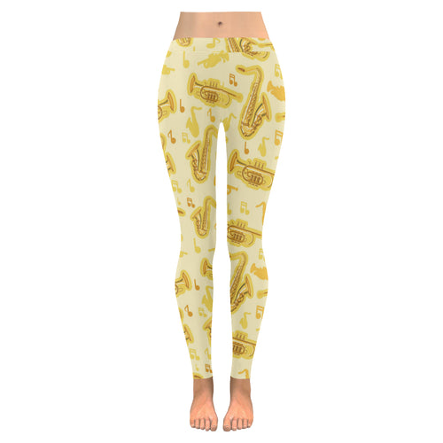 Saxophone cornet pattern yellow background Women's Legging Fulfilled In US