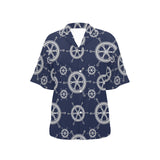 nautical steering wheel design pattern Women's All Over Print Hawaiian Shirt