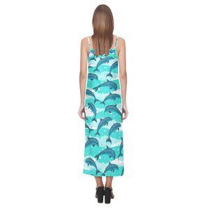 Dolphin sea pattern V-Neck Open Fork Long Dress