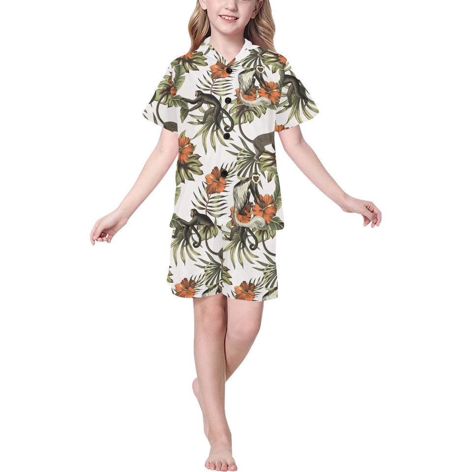 Monkey red hibiscus flower palm leaves floral patt Kids' Boys' Girls' V-Neck Short Pajama Set