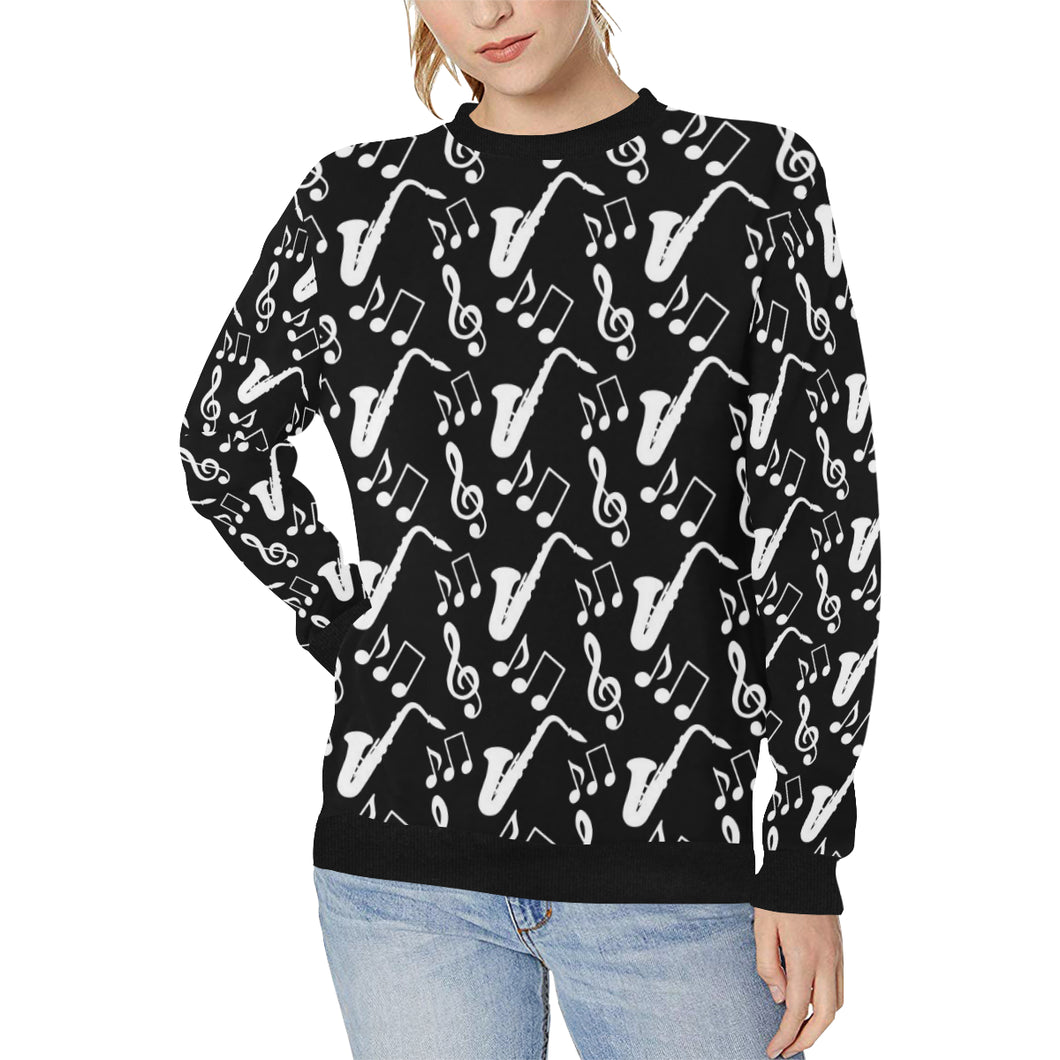 Saxophone music notes treble clef black white them Women's Crew Neck Sweatshirt