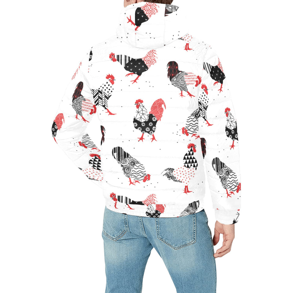 Cool rooster chicken cock floral ornament backgrou Men's Padded Hooded Jacket