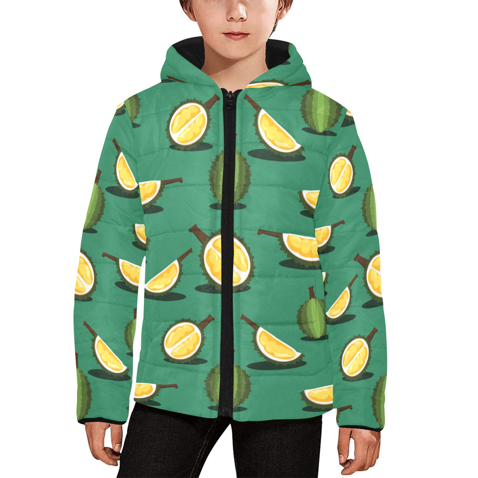Durian pattern green background Kids' Boys' Girls' Padded Hooded Jacket