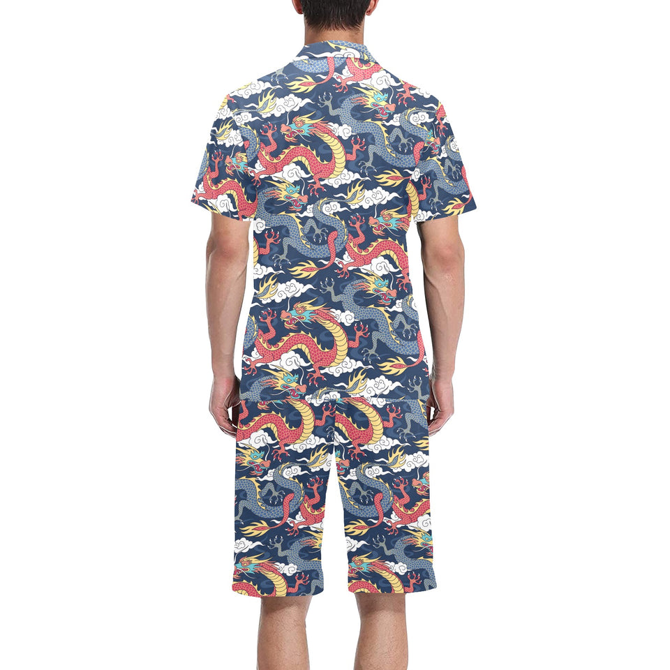 Blue red dragon cloud pattern Men's V-Neck Short Pajama Set