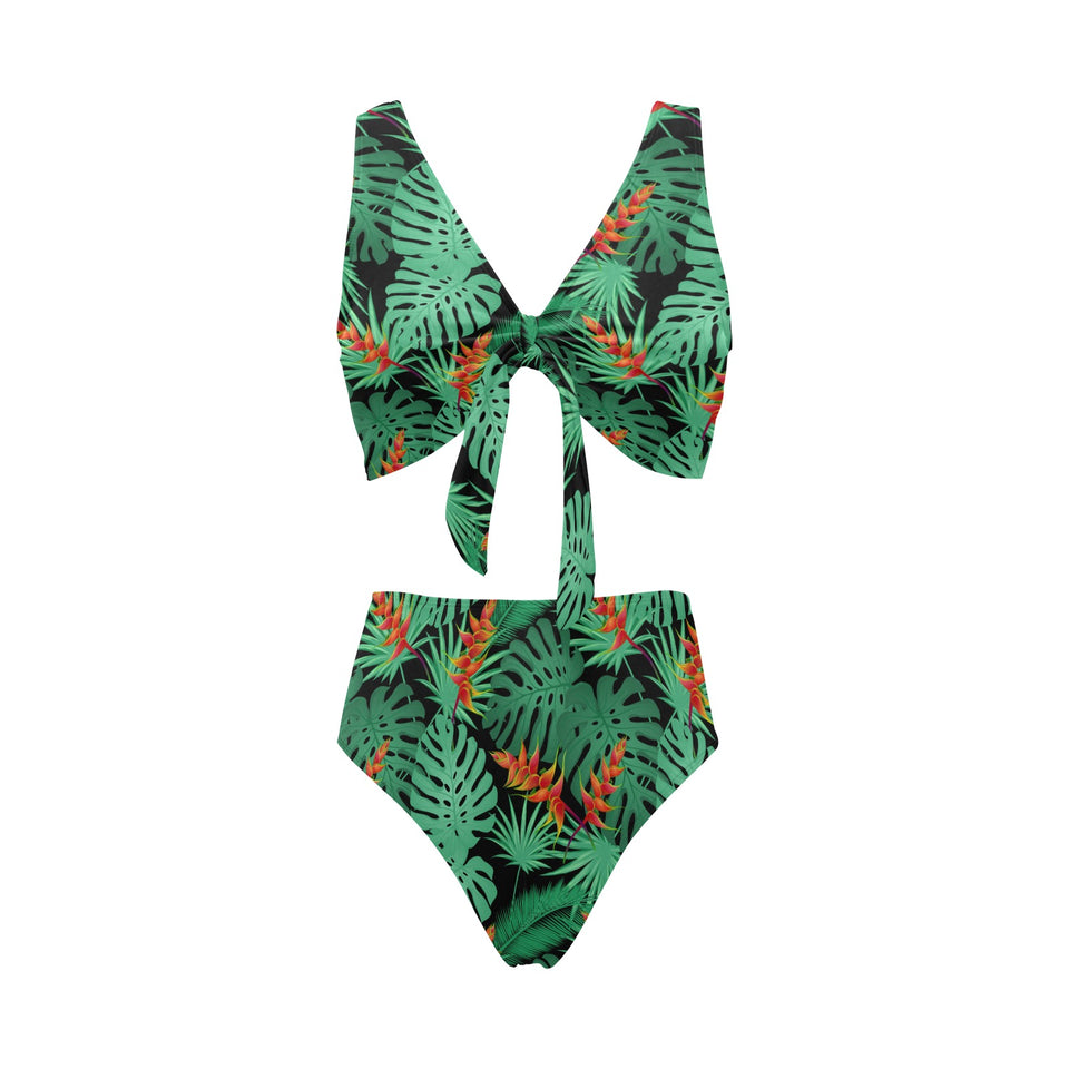 heliconia flower palm monstera leaves black backgr Chest Bowknot High Waisted Bikini Swimsuit