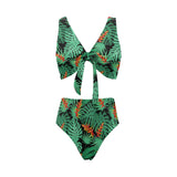 heliconia flower palm monstera leaves black backgr Chest Bowknot High Waisted Bikini Swimsuit