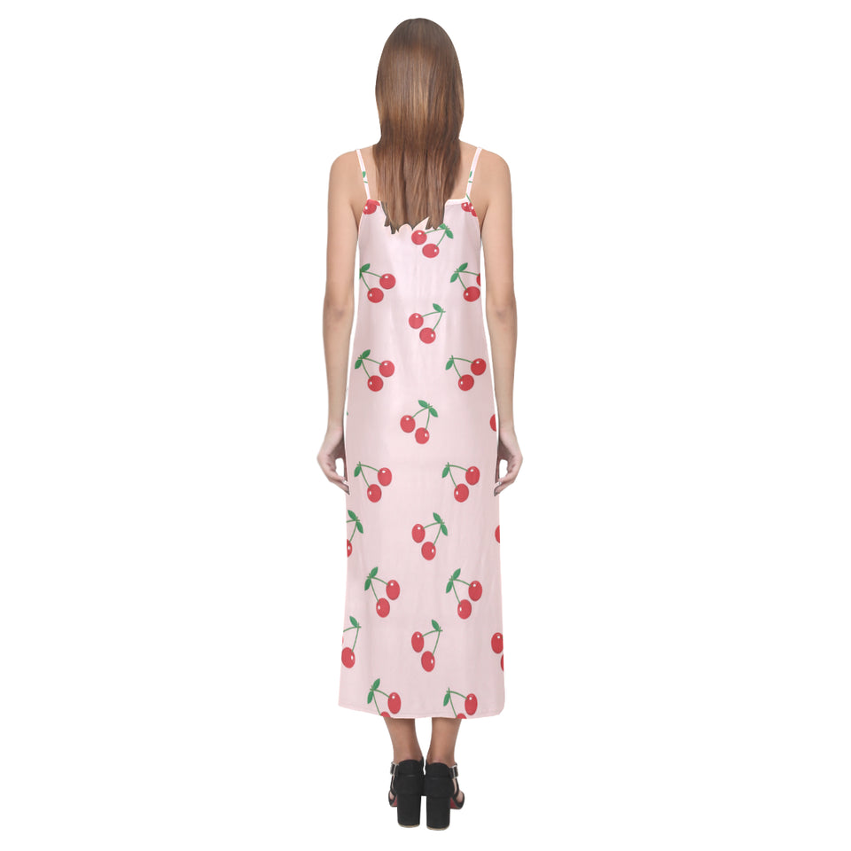 cherry pattern pink background V-Neck Open Fork Long Dress