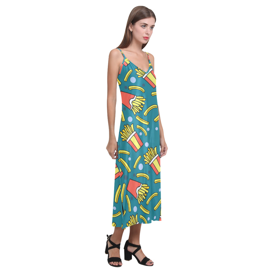 French fries red paper box pattern V-Neck Open Fork Long Dress