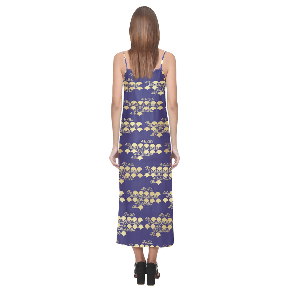 Beautiful japanese fan pattern V-Neck Open Fork Long Dress