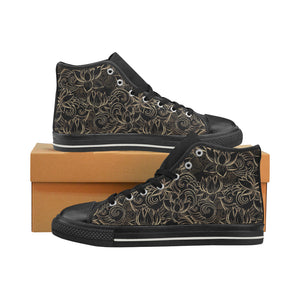 luxurious gold lotus waterlily black background Women's High Top Canvas Shoes Black