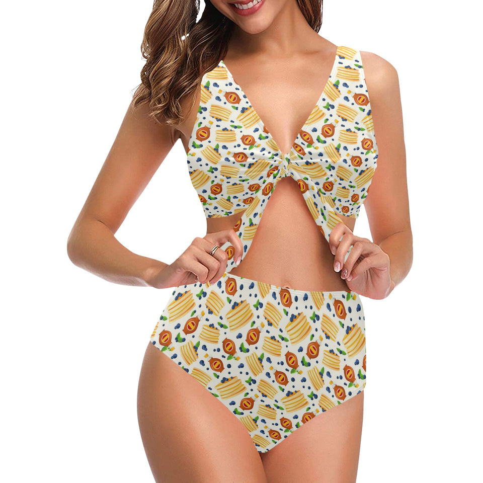 Pancake Pattern Print Design 02 Chest Bowknot High Waisted Bikini Swimsuit