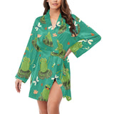 Cute frog dragonfly design pattern Women's Long Sleeve Belted Night Robe