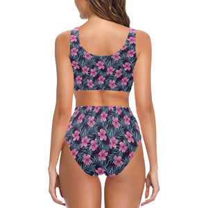 Hibiscus Pattern Print Design 05 Chest Bowknot High Waisted Bikini Swimsuit
