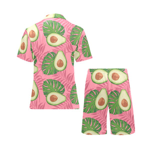 Avocado slices leaves pink back ground Men's V-Neck Short Pajama Set