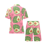 Avocado slices leaves pink back ground Men's V-Neck Short Pajama Set