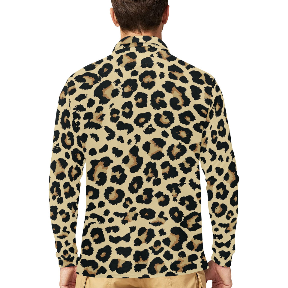 Leopard print design pattern Men's Long Sleeve Polo Shirt