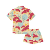 Red Bonsai gray sun japanese pattern Kids' Boys' Girls' V-Neck Short Pajama Set