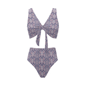 Indian Batik Style pattern Chest Bowknot High Waisted Bikini Swimsuit