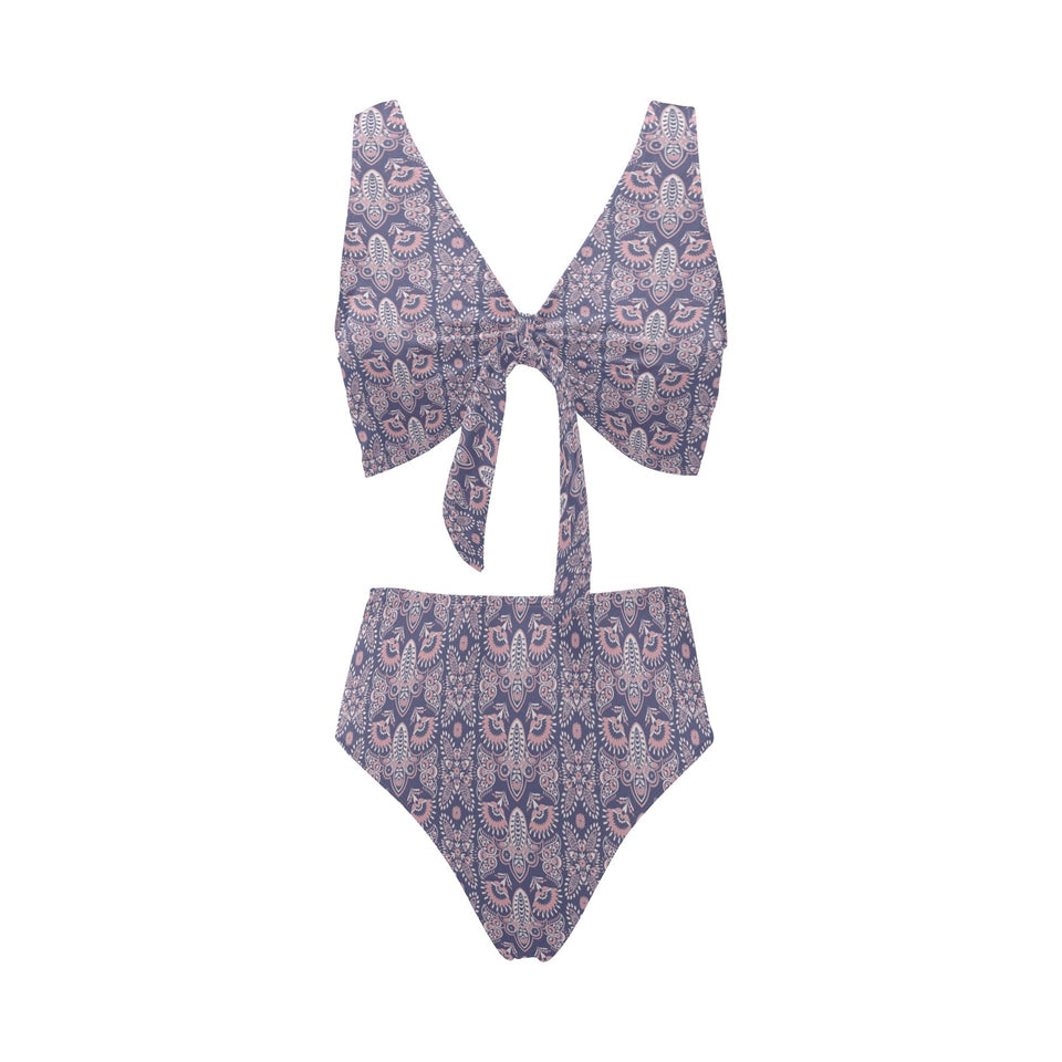 Indian Batik Style pattern Chest Bowknot High Waisted Bikini Swimsuit