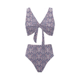 Indian Batik Style pattern Chest Bowknot High Waisted Bikini Swimsuit