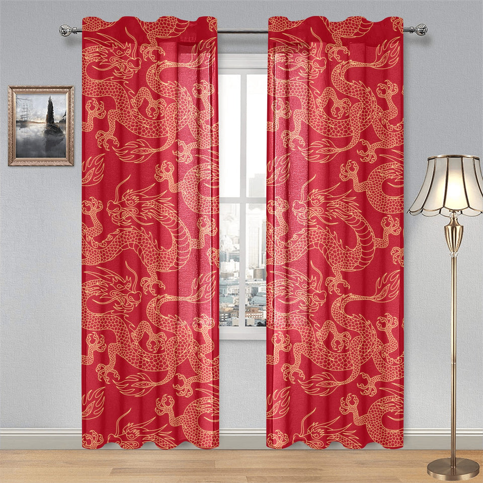 Gold dragons red background Gauze Curtain