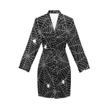 Spider web design pattern Black background white c Women's Long Sleeve Belted Night Robe
