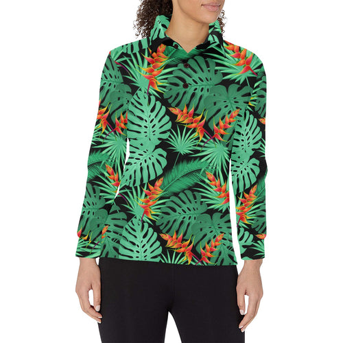 heliconia flower palm monstera leaves black backgr Women's Long Sleeve Polo Shirt