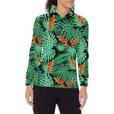 heliconia flower palm monstera leaves black backgr Women's Long Sleeve Polo Shirt