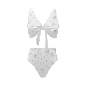 Snowflake pattern white background Chest Bowknot High Waisted Bikini Swimsuit