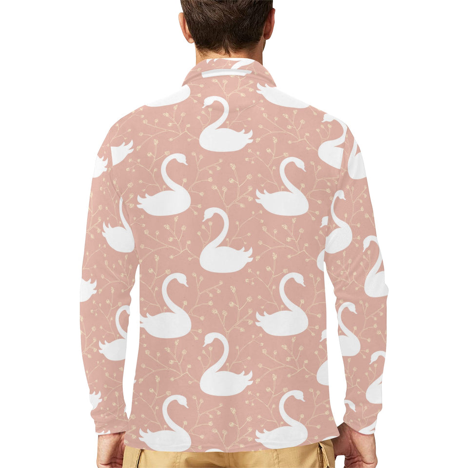 Swan flower light pink background Men's Long Sleeve Polo Shirt