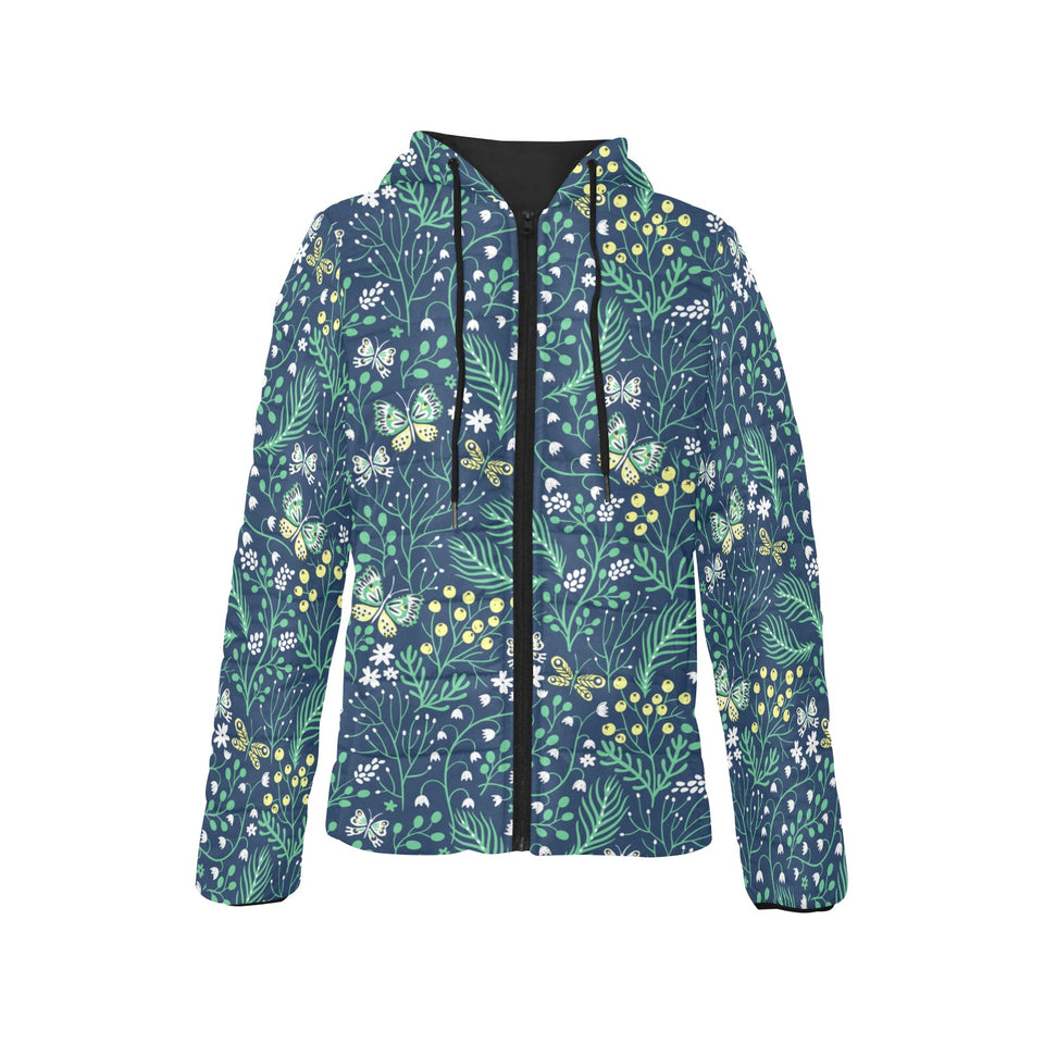 butterfly leaves pattern Women's Padded Hooded Jacket