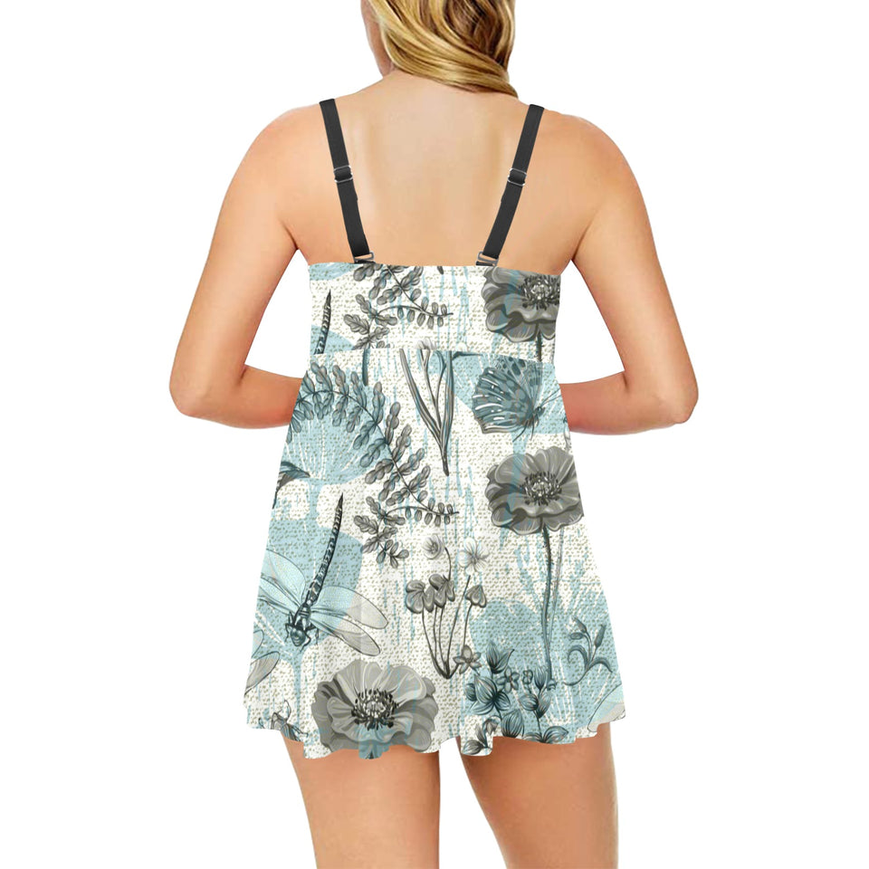 Dragonfly Butterfly Plants insect flower vintage s Chest Sexy Pleated Two Piece Swim Dress